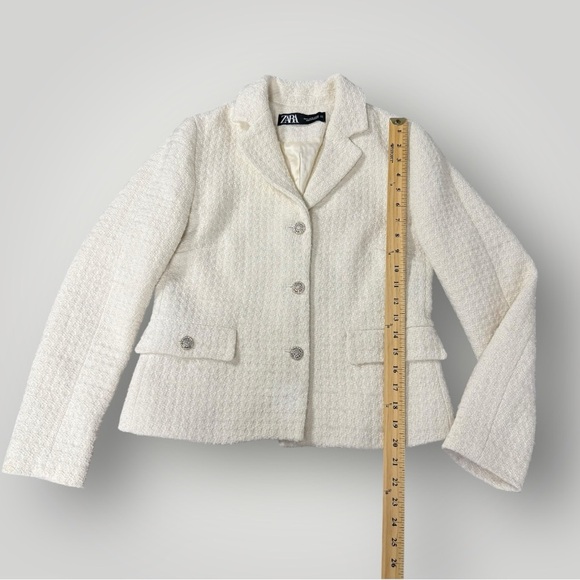 ZARA Cream / white blazer jacket Rhinestones Classy Simple Tweed Sz M - Picture 13 of 16